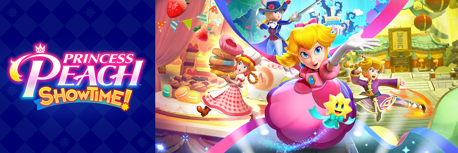 Princess Peach: Showtime! banner image, with Mario and Luigi running over a colorful background, and the game logo on the left